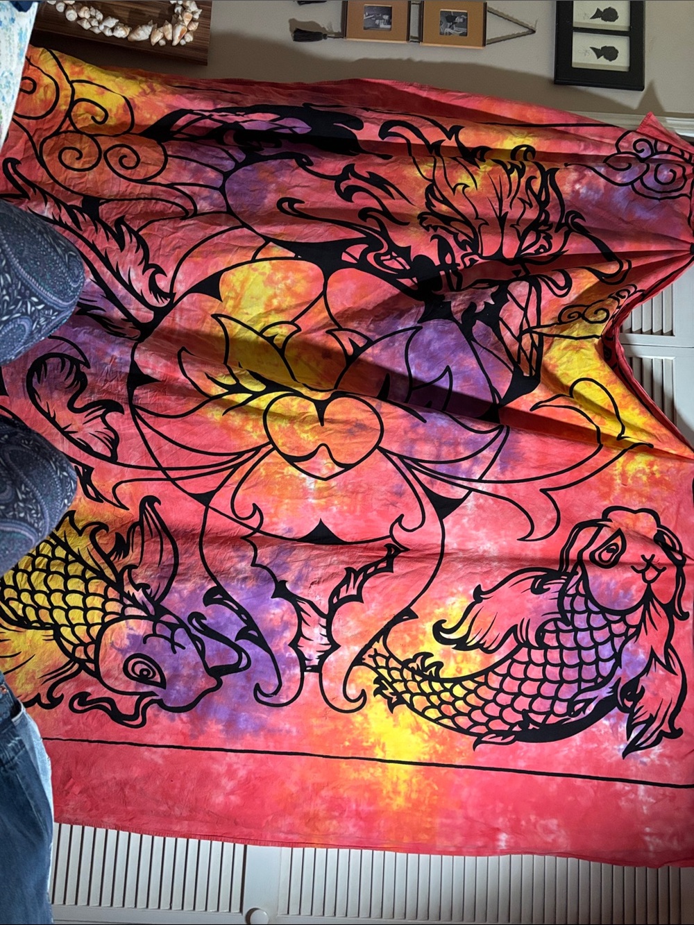 Vibrant Batik Tapestry with Black Koi & Floral Motif